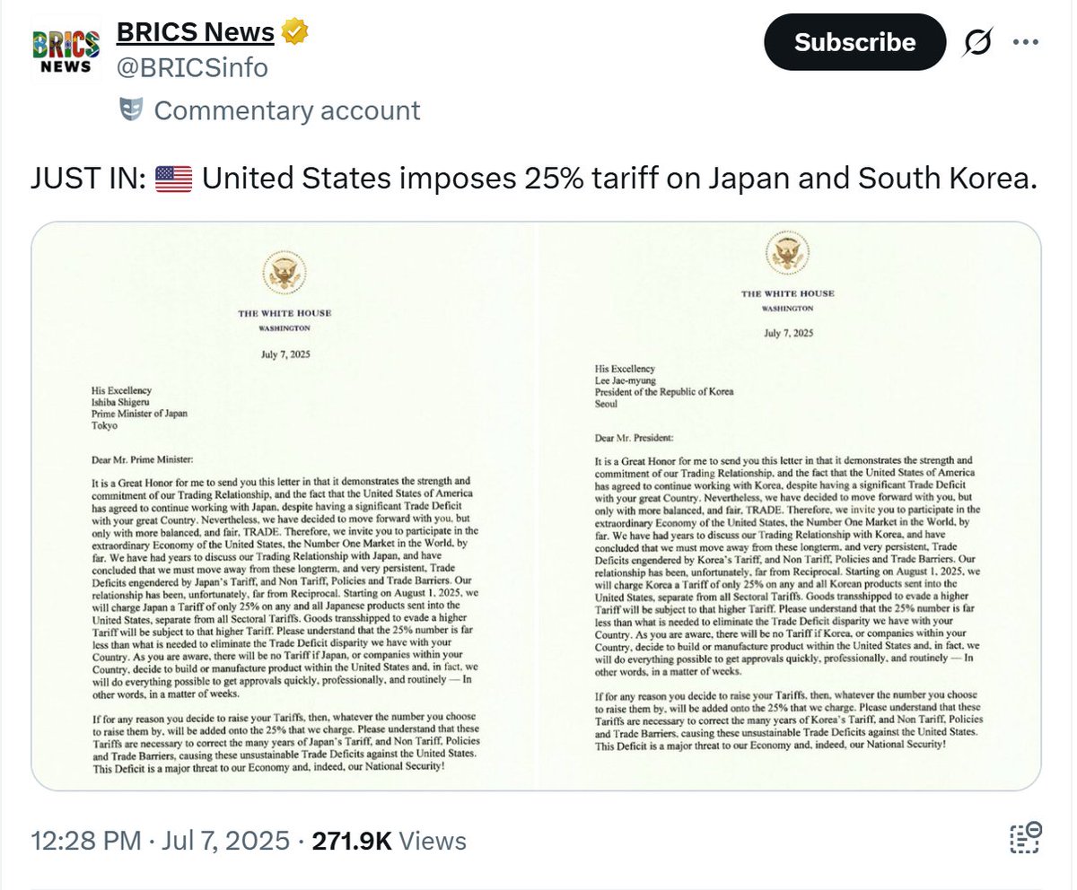 7月7日25，💥🇺🇸 美国对日本和韩国征收25%的关税