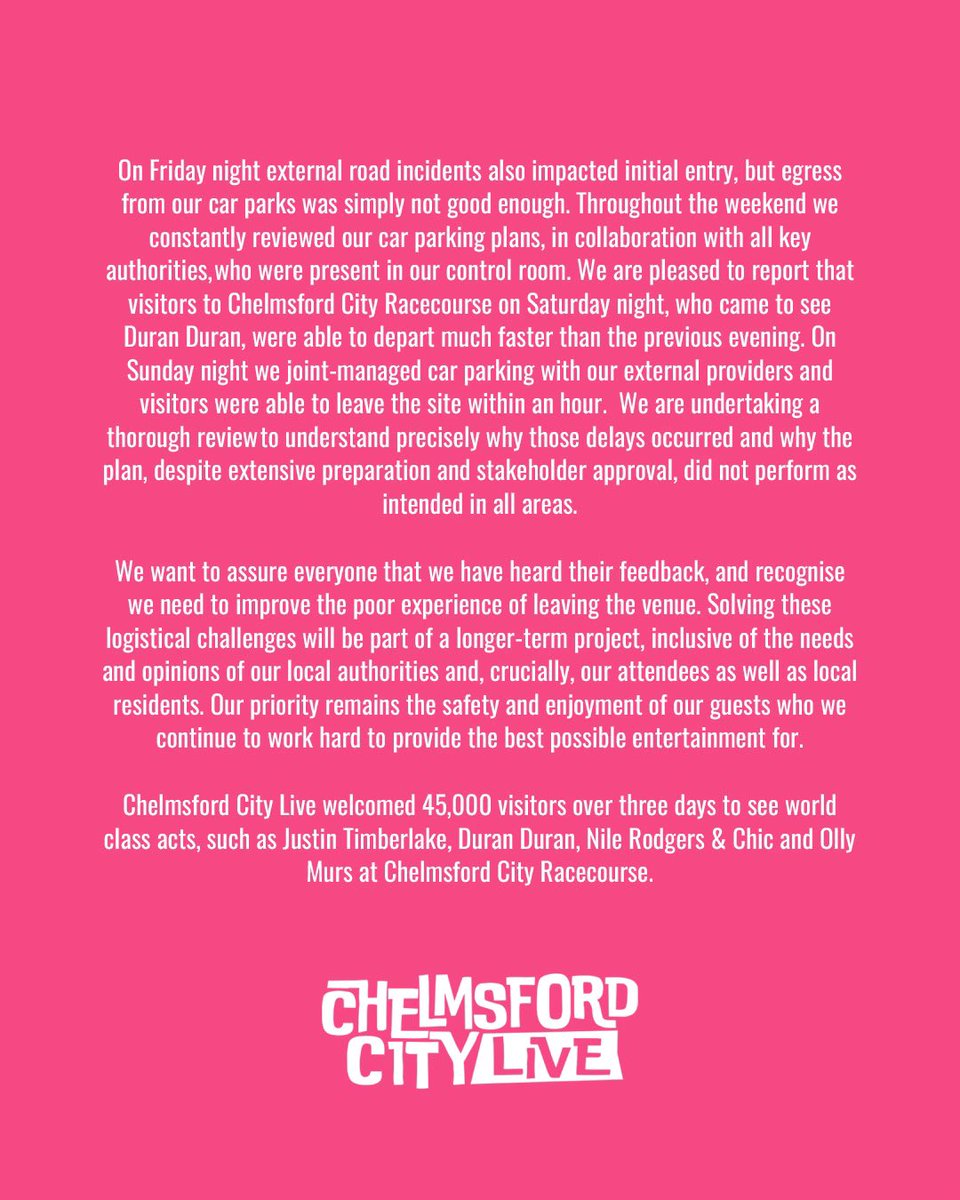 A message from Chelmsford City Racecourse regarding Chelmsford City Live.