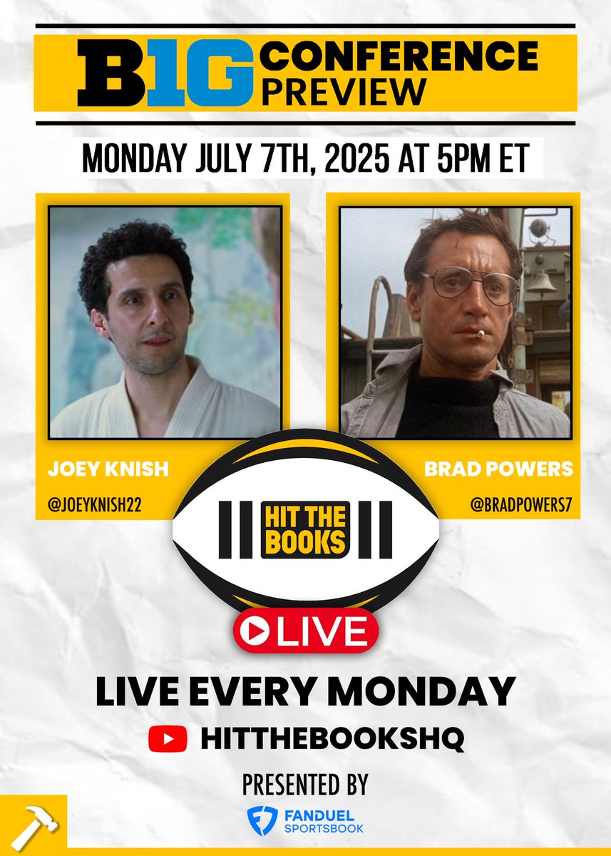 Hit the Books 🔨 (@hitthebookshq) on Twitter photo Today is the day! Join <a href="/JoeyKnish22/">Joey Knish</a> & <a href="/BradPowers7/">Brad Powers</a> as they preview the BIG 10 conference, live at 5pm ET! 🏈
Presented By: <a href="/FDSportsbook/">FanDuel Sportsbook</a> Today is the day! Join <a href="/JoeyKnish22/">Joey Knish</a> & <a href="/BradPowers7/">Brad Powers</a> as they preview the BIG 10 conference, live at 5pm ET! 🏈
Presented By: <a href="/FDSportsbook/">FanDuel Sportsbook</a>