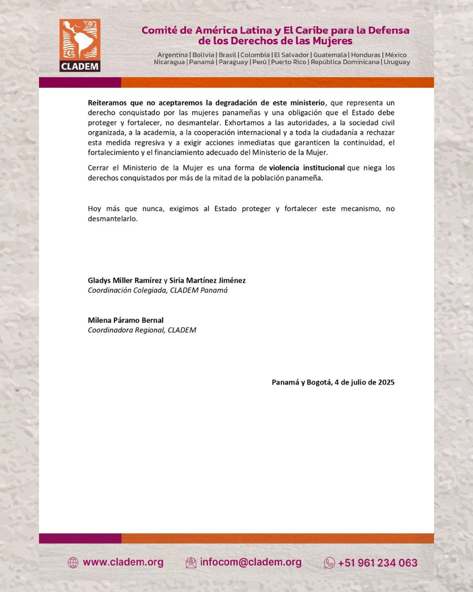 🚨CLADEM rechaza la decisión del presidente de Panamá de eliminar el Ministerio de la Mujer.

Este mecanismo es esencial para garantizar, promover y proteger los #DDHH de las mujeres y niñas y su eliminación representa un retroceso en materia de igualdad y justicia social.