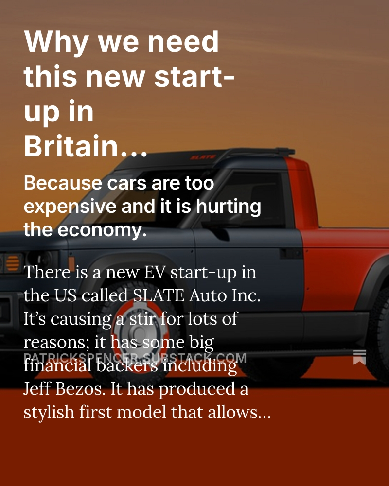 I wrote about a new start-up in the US that is offering a a $20,000 truck to consumers... and why we need something like this in the UK....

patrickspencer.substack.com/p/why-we-need-…