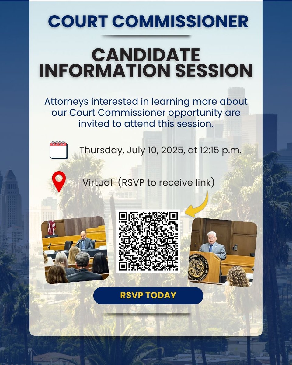 📣 Join us for a Court Commissioner Information Session!

Have questions about the role, the application process, or what it’s like to serve? RSVP to receive the link to the virtual info session.

🗓️ Thursday, July 10, 2025, at 12:15 p.m.
📍 Virtual  (RSVP to receive the link).