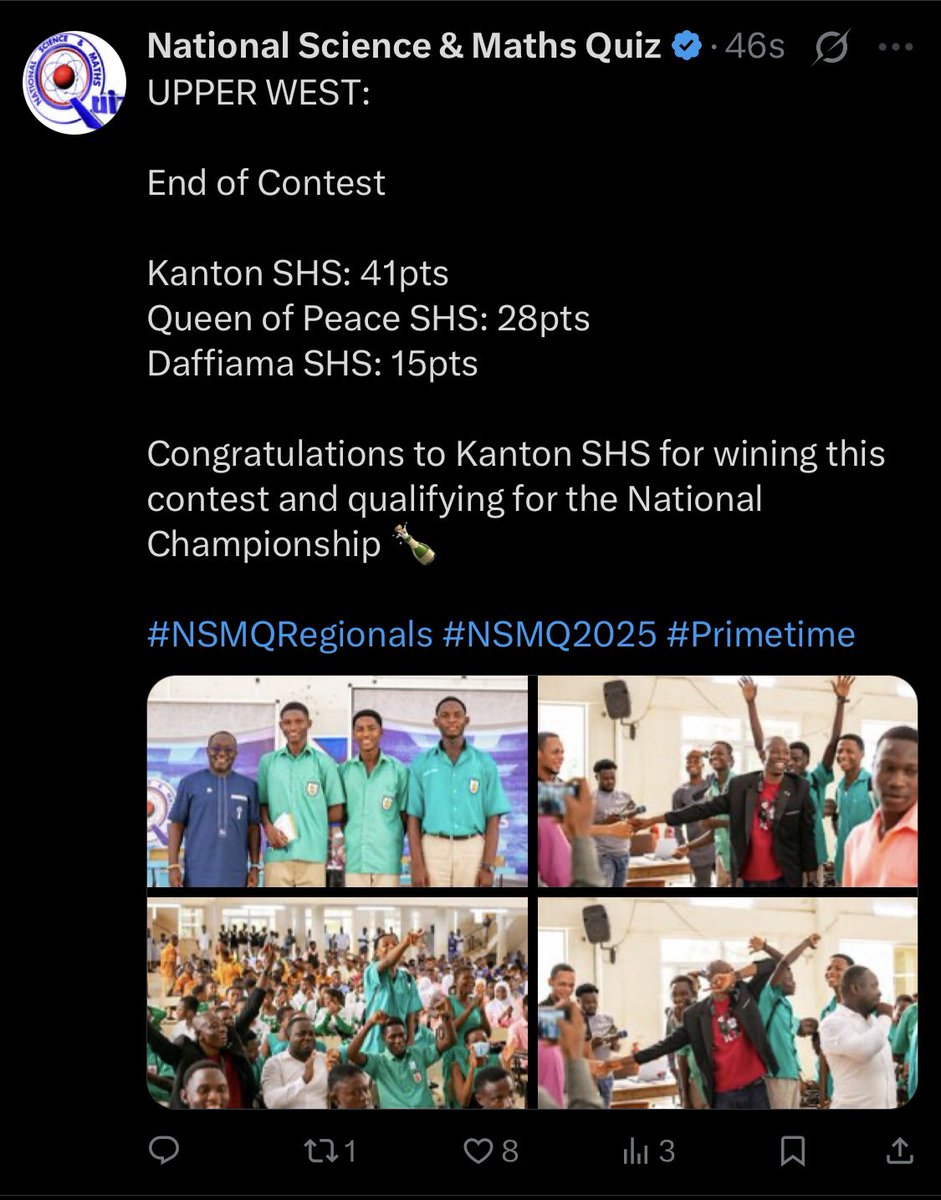 Larbie_Emma's tweet photo. Results of todays science and maths quiz contest. Congratulations to the winning schools for qualifying to the nationals 
#NSMQ2025 https://t.co/OtGw3IoyKv