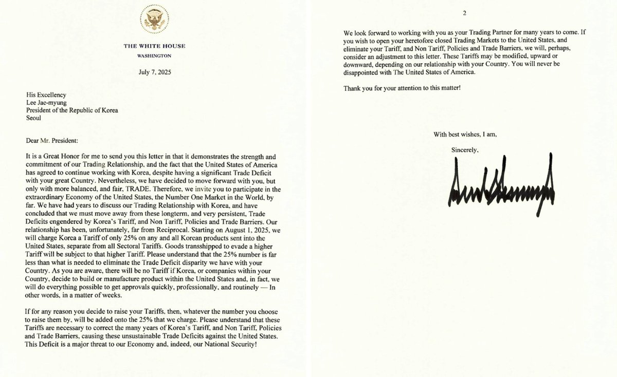 트럼프 미국 시간 월요일 한국에 관세 서한 발송
“한국에 8월 1일부터 상호 관세 25%를 부과할 것” 
"한국이 보복하면 그만큼 추가로 더 부과할 것"

8월 1일 부터 
-한국산 제품 35%=10% 기본 관세(4월 부과)+상호 관세 25% 
-철강/알루미늄 75%= 50% 기본 관세 + 상호 관세 25%
-자동차 50%= 25%