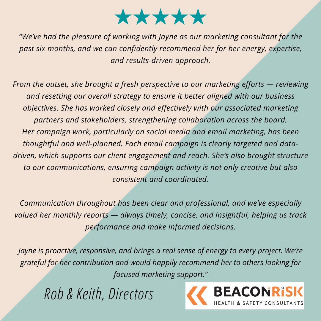 Feeling incredibly grateful 💛

Huge thanks to Beaconrisk H&amp;S Consultants for this lovely feedback after 6 months working together on strategy, comms + campaigns.

It’s been a brilliant, rewarding project — and I’m so proud of what we’ve achieved! 🙌

#MarketingConsultant