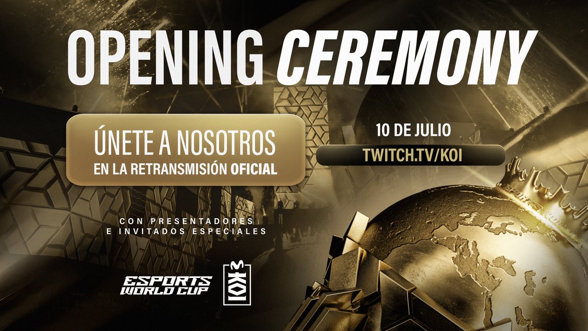 Opening Ceremony de la Esports World Cup. 🎙️

Únete este jueves 10 de julio a nosotros en la retransmisión oficial de la #EWC2025

Con presentadores e invitados especiales 👀

En nuestro canal de Twitch ➡️ twitch.tv/koi