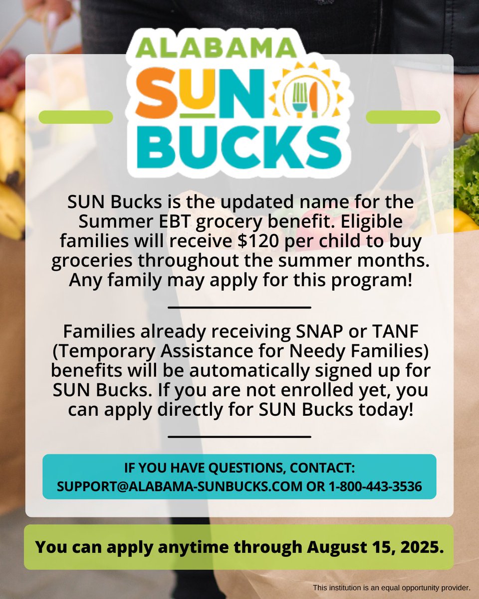 Receive assistance with your grocery bill this summer with Alabama SUN Bucks! 🌞
📩 Questions? Contact support@alabama-sunbucks.com or call 1-800-443-3536.

<a href="/AndalusiaCS/">Andalusia City Schools</a> #ALschools #AndalusiaCity #Covingtoncounty #CovingtonAlabama #CovingtonAL #ThatsWhy