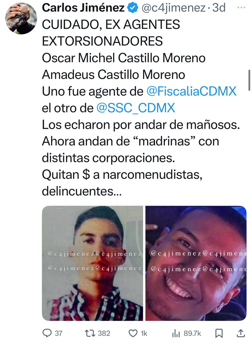Carlos Jiménez (@c4jimenez) on Twitter photo LAS RENTAS de LA CHILAQUITA
Así detuvieron en Neza, al ahora exagente de <a href="/PDI_FGJCDMX/">Policía de Investigación</a> Michel Castillo a La Chilaquita.
Esa vez llevaba estos fajos de $.
Es $ de rentas q le dan narcomenudistas.
Ahora sigue cobrando, con su hermano Amadeus exagente de <a href="/SSC_CDMX/">SSC CDMX</a>
Si los ve denuncie LAS RENTAS de LA CHILAQUITA
Así detuvieron en Neza, al ahora exagente de <a href="/PDI_FGJCDMX/">Policía de Investigación</a> Michel Castillo a La Chilaquita.
Esa vez llevaba estos fajos de $.
Es $ de rentas q le dan narcomenudistas.
Ahora sigue cobrando, con su hermano Amadeus exagente de <a href="/SSC_CDMX/">SSC CDMX</a>
Si los ve denuncie
