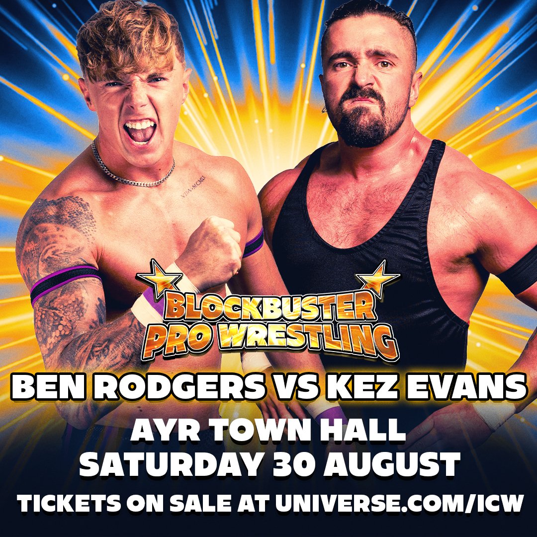 BlockbusterWres's tweet image. ANNOUNCEMENT: @BenRodgers_wres will take on @KezEvans95 at Ayr Town Hall on Saturday 30 April! universe.com/icw