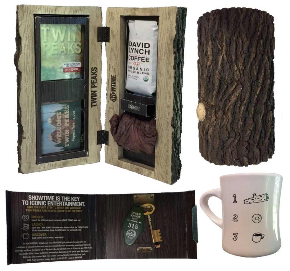 cool item of the day: twin peaks "promo log", made ahead of the third season and it included the definitive gold box edition, lynch's signature coffee + a mug designed by him, a donut and great northern keychain + usb