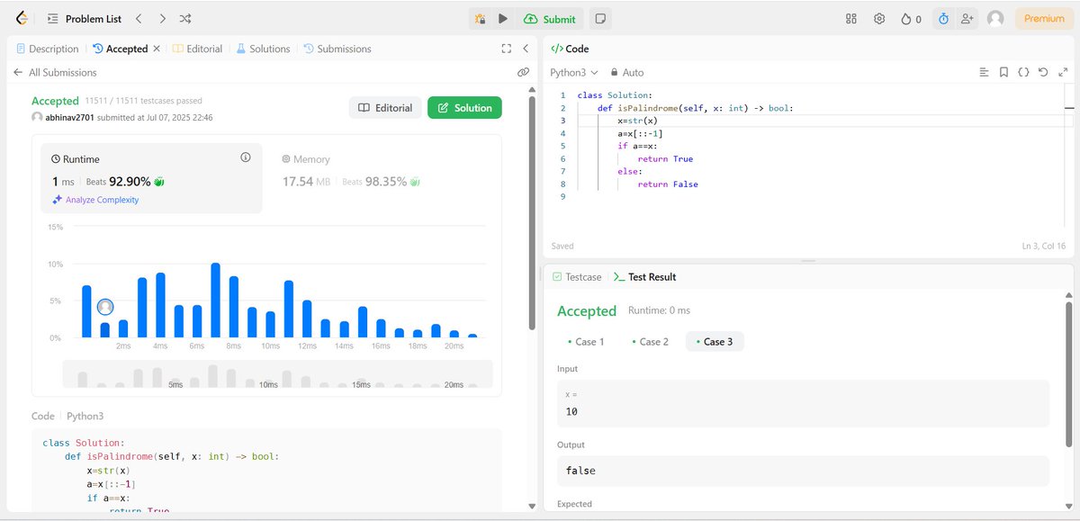 #Day2 ✅
Solved “Palindrome Number” 🔁🔢
Today’s lesson: logic can be beautiful — just like numbers that read the same both ways! 😄
Another step toward sharper skills and daily discipline.
Let’s keep the streak alive! 🔥
#LeetCode
#100DaysOfCode
#LeetCodeDaily
#CodeEveryday