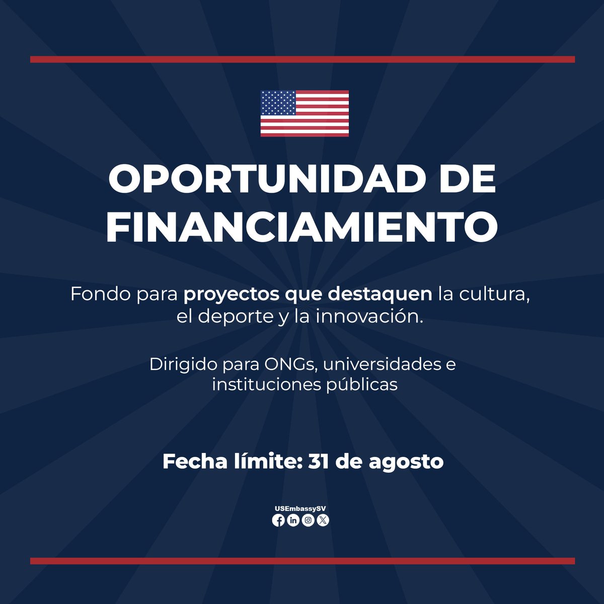 📢 ¡Nueva oportunidad de financiamiento!

🎉 Para conmemorar los 250 años de independencia de EE. UU., que se celebrarán en 2026, lanzamos un programa que promueve la cultura, el deporte y la innovación para fortalecer los lazos con El Salvador. Buscamos instituciones u