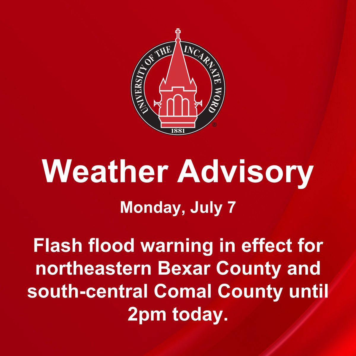 uiwcardinals's tweet image. 🚨 Flash Flood Warning 🚨
In effect for northeastern Bexar & south-central Comal Counties until 2 PM.
🌧️ 1–2 inches of rain have fallen; more expected.
⚠️ Avoid flooded roads. Turn Around, Don’t Drown.
Stay safe, Cardinals! ❤️
#UIW
