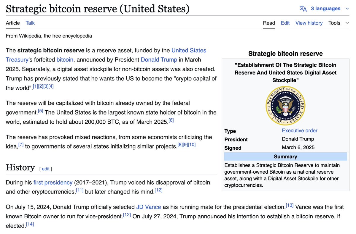 Fun Fact: Es gibt einen Wikipedia-Artikel zur strategischen Bitcoin-Reserve  der USA! 🇺🇸🔥