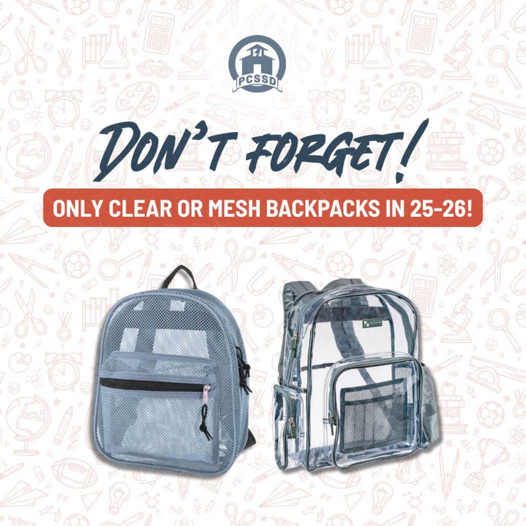 RHS_Senators's tweet image. Many families have already started their back-to-school shopping, so we wanted to send a quick reminder to all PCSSD families about our new backpack policy for next year.
**All backpacks must be CLEAR or MESH for the 2025-2026 school year.**