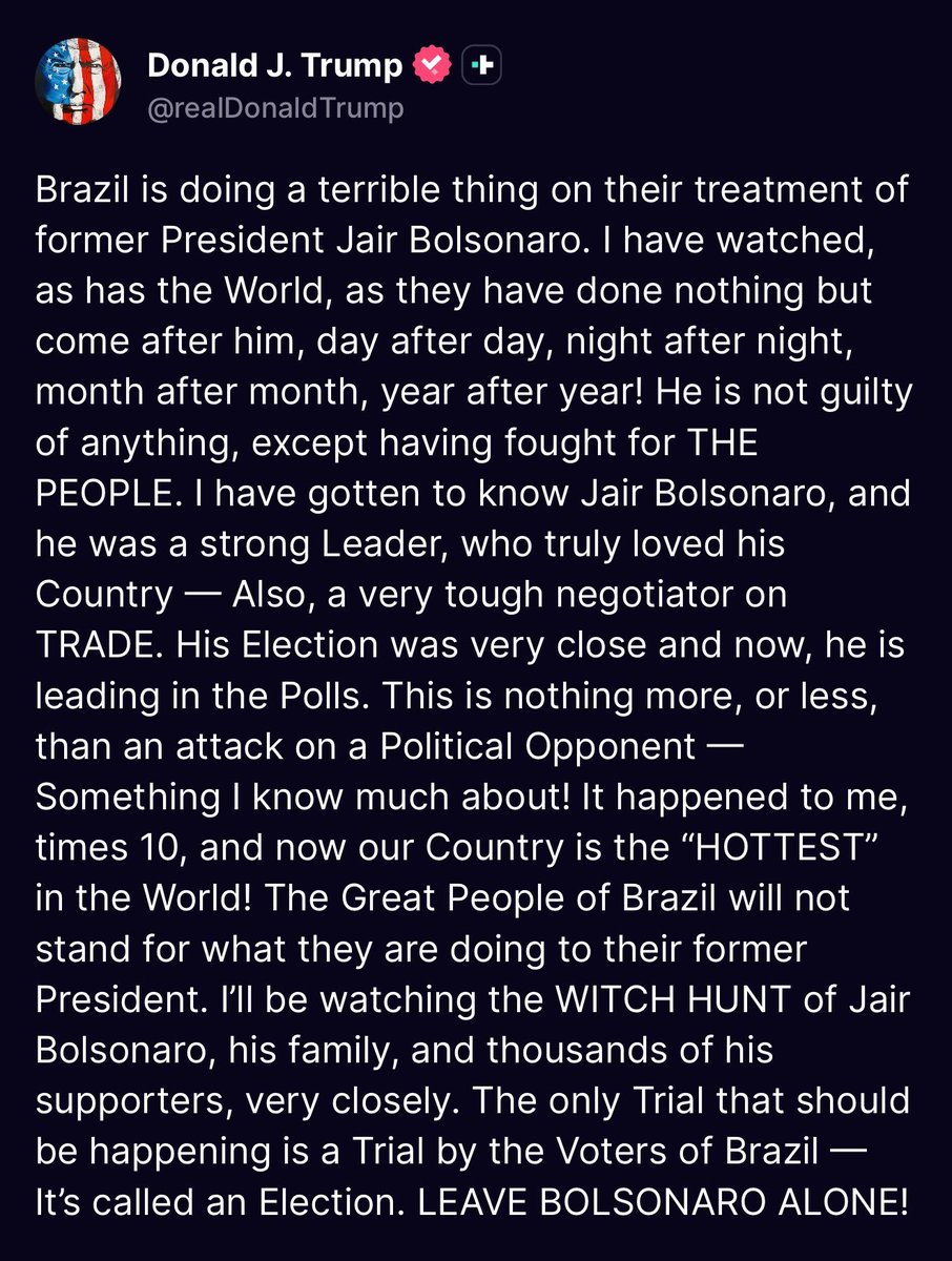 AssLatam's tweet image. President Donald Trump of the US said "LEAVE BOLSONARO ALONE" on his Truth Social account.