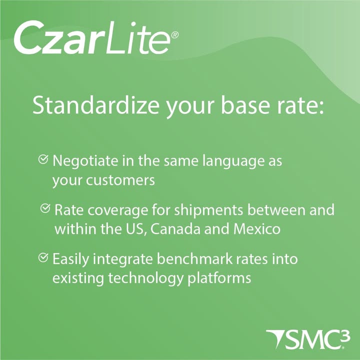SMC3_Inc's tweet image. Kick off on an equal platform with the CzarLite® suite of base rates 🌐🚚
smc3.info/czarlite
#LTL #logisticstech #supplychain #supplychainmanagement #standardize