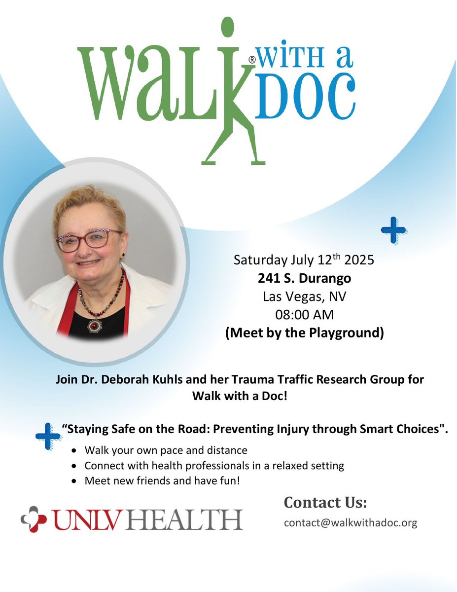 🚶‍♂️✨ Lace up and link up! Join Dr. Deborah Kuhls, Chief of Trauma at UMC, and her Traffic Research Group for a casual walk, meaningful convo, and road safety tips!👟❤️ 
#CommunityCare #WalkWithUMC #ZeroFatalitiesNV
📍 Angel Park – 241 S. Durango, Las Vegas
📅 Saturday, July 12th
