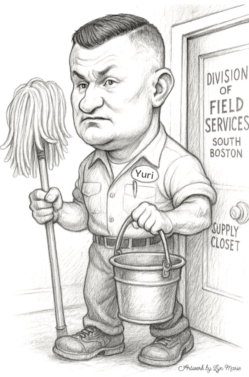<a href="/UncivilLaw/">Uncivil Law 🤠</a> 🧹Bukhenik Caricature Drop🚽

Fresh off the Karen Read acquittal, Sgt. Yuri got broomed from the Norfolk DA’s Office to Field Services in Southie. 

No explanation needed—I took the liberty of imagining him in his new role: janitor. 

After the mess he left behind in the JOK