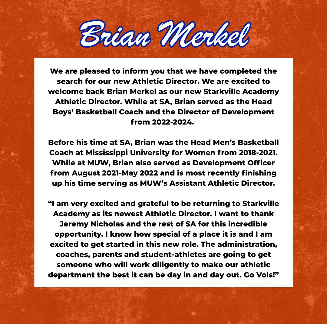We are incredibly excited to welcome back Brian Merkel as the new Starkville Academy Athletic Director. Congratulations, Mr. Merkel! #ChooseSA