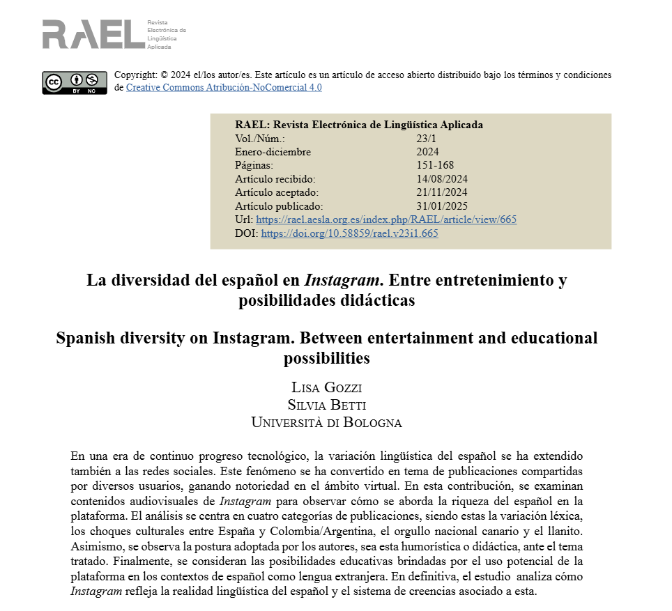 📢#RAEL highlights

📑 La diversidad del español en Instagram. Entre entretenimiento y posibilidades didácticas
👥 Lisa Gozzi &amp; Silvia Betti

📗 RAEL 23(1) (2024)

🔗 tinyurl.com/7xpkapry

#AESLA #AESLA_revistas