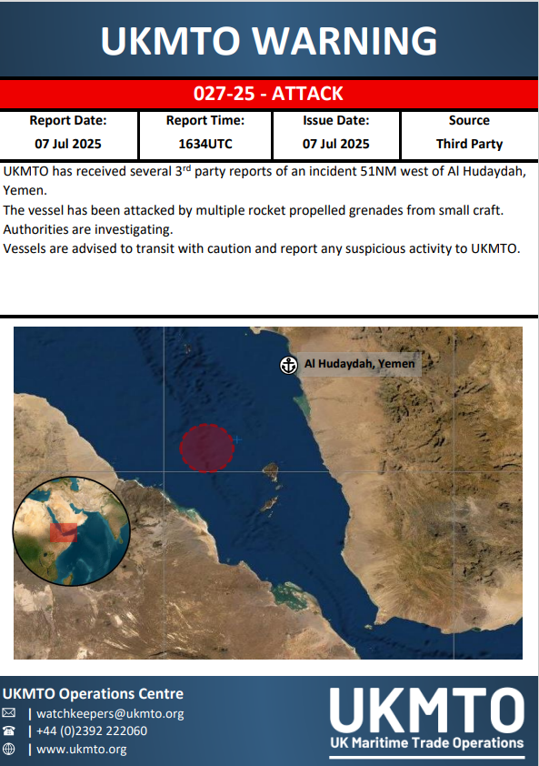 UK_MTO's tweet image. UKMTO WARNING INCIDENT 027-25 - ATTACK
ukmto.org/-/media/ukmto/…
#MaritimeSecurity #MarSec