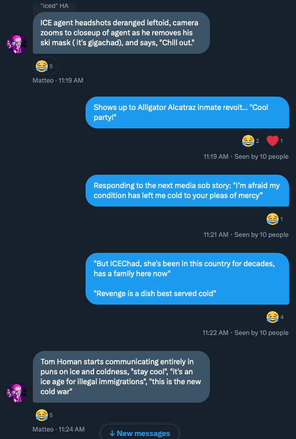 Karl Hollywood (@wokecapital) on Twitter photo Schumacherpoasting in the DMs. <a href="/RealTomHoman/">Thomas D. Homan</a>, <a href="/StevenCheung47/">Steven Cheung</a> please take into advisement for comms strategy. Schumacherpoasting in the DMs. <a href="/RealTomHoman/">Thomas D. Homan</a>, <a href="/StevenCheung47/">Steven Cheung</a> please take into advisement for comms strategy.