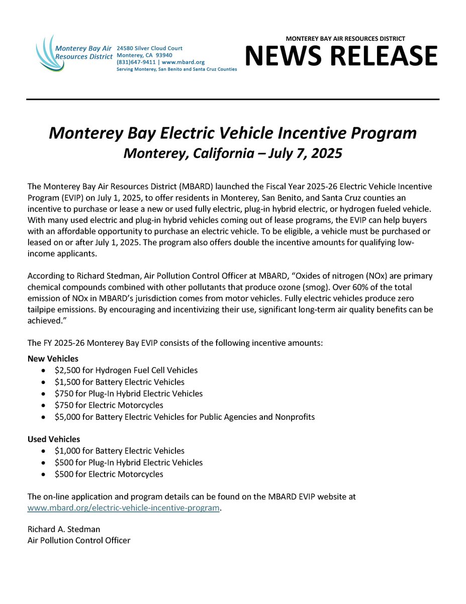 Monterey Bay Air Resources District (@mbuapcd) on Twitter photo <a href="/MBUAPCD/">Monterey Bay Air Resources District</a> launched Monterey Bay Electric Vehicle Incentive Program (EVIP). Double the incentive amounts are available for qualifying low-income applicants. bit.ly/3IIXauj
#montereycounty #santacruzcounty #sanbenitocounty #zeroemission #ElectricVehicle #electricar <a href="/MBUAPCD/">Monterey Bay Air Resources District</a> launched Monterey Bay Electric Vehicle Incentive Program (EVIP). Double the incentive amounts are available for qualifying low-income applicants. bit.ly/3IIXauj
#montereycounty #santacruzcounty #sanbenitocounty #zeroemission #ElectricVehicle #electricar
