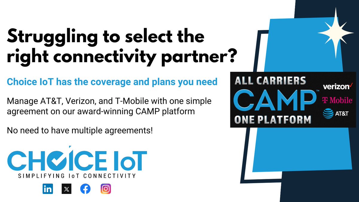 ChoiceIoT's tweet image. Choose the right connectivity partner.
@ChoiceIoT has the coverage and plans you need for your solutions. 
Now with multi-carrier 1SIM. Learn more at hubs.ly/Q03w294t0
 #4G #5G #1SIM #tmobile #att #verizon #choiceiot