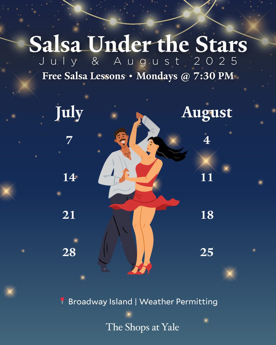 Free salsa lessons every Monday at 7:30 PM in July &amp; August, right here on Broadway Island (across from J.Crew &amp; Urban Outfitters). No partner or experience needed...just bring your energy and get ready to dance under the stars! 💃✨