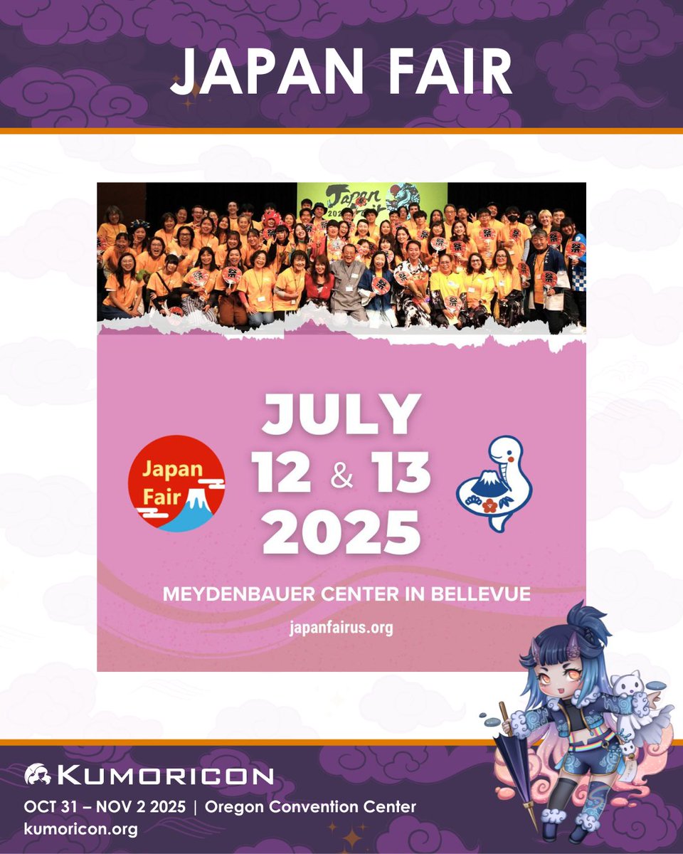 kumoricon's tweet image. Join Kumoricon at Japan Fair, a festival dedicated to Japanese art and culture on July 12–13 at the Meydenbauer Center in Bellevue, WA. Kumoricon's Outreach Team will be set up in the vendor area, selling merchandise and pre-registrations for 2025.
Visit: japanfairus.org