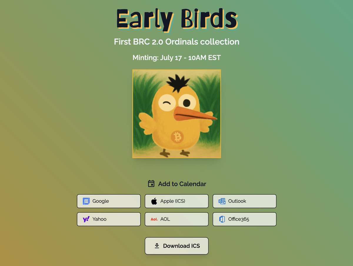 Yo Birdies who made the whitelist 👀🐦

How about adding MINT DAY (July 17 - 10 AM EST) to your calendar.

Check chirpchirp.xyz/calendar/ !!

CHIRP IT EVERY DAY
CHIRP IT JULY 17 📅
CHIRP CHIRP!