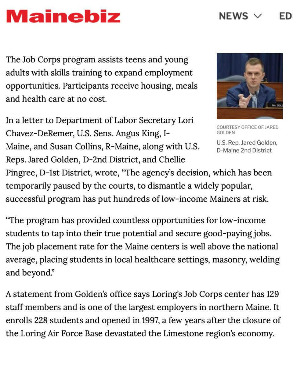 RepGolden's tweet image. Glad to team up with Maine’s congressional delegation to fight to protect Job Corps:
mainebiz.biz/article/maines…