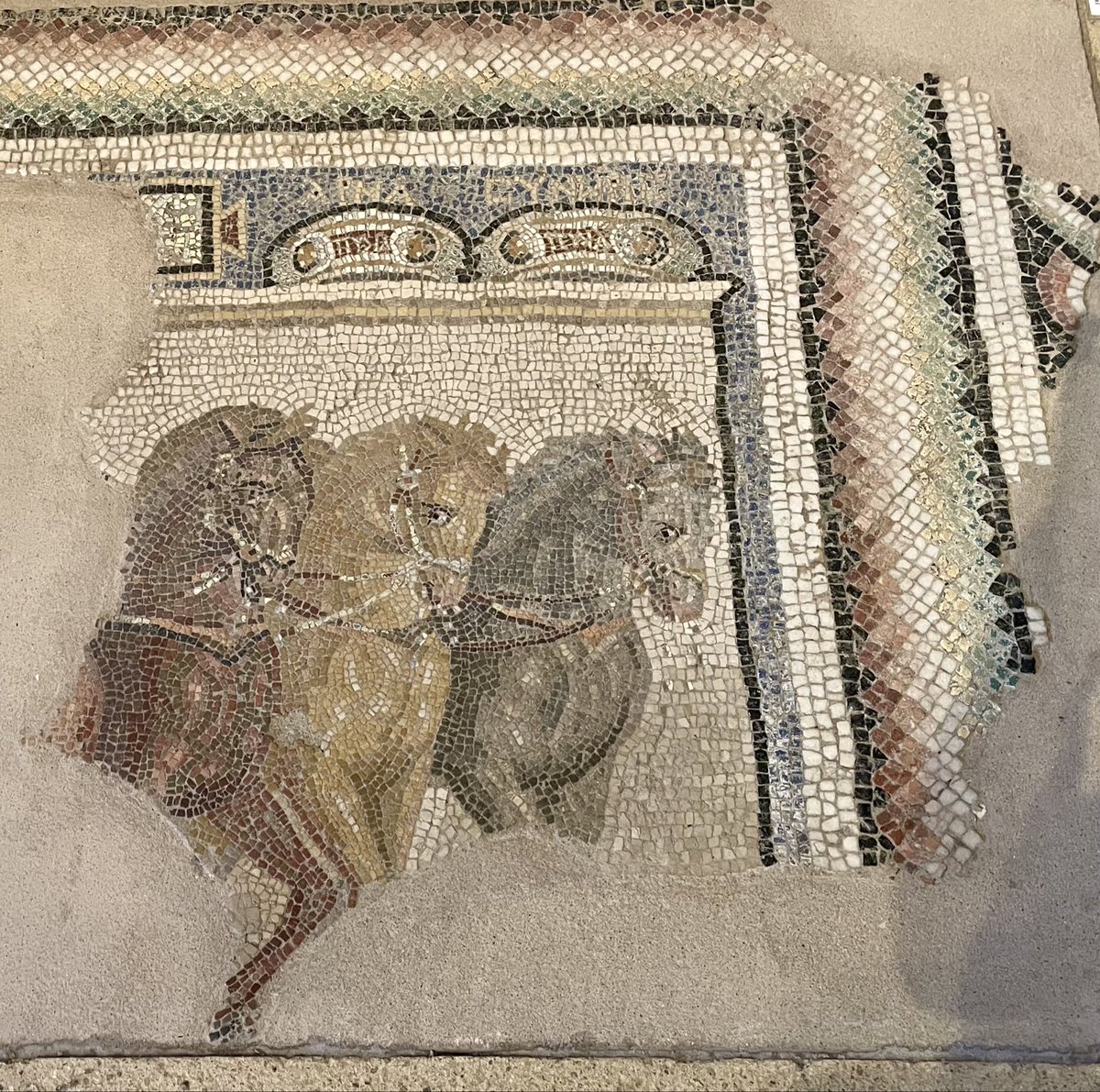 For #mosaicmonday, a superb floor mosaic showing a four-horse chariot race from a house in Thessaloniki, Greece. Imagine having this in the middle of your dining-room floor! 
An inscription tells us that this team won at the Pythian Games, Delphi, dedicated to Apollo. 3rdC AD.