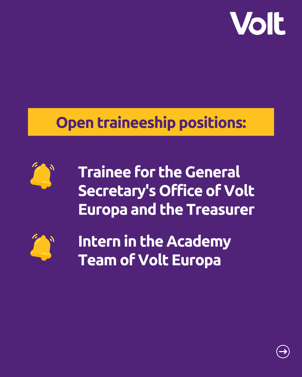 VoltEuropa's tweet photo. New trainee positions at Volt Europa are now open - are you ready to shape the future of Europe with us?
💜 Apply today and be part of building the purple wave with us https://t.co/CCBQNR6ADQ
#VoltEuropa #Internship #JoinVolt #MakeEuropeWork https://t.co/qwgMBuigt1