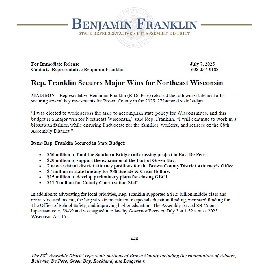 "I was elected to work across the aisle to accomplish state policy for Wisconsinites, and this budget is a major win for Northeast Wisconsin."

See my full statement below:
