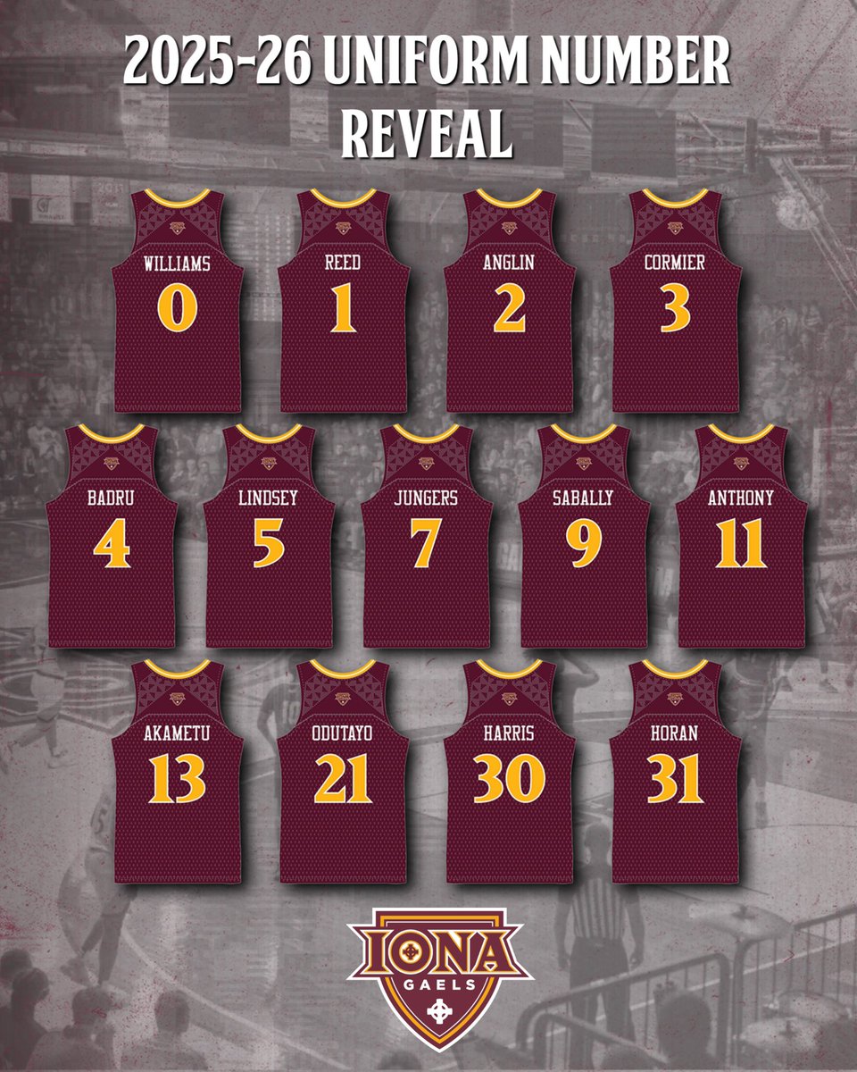 IonaGaelsMBB's tweet image. 🔢 𝐍𝐔𝐌𝐁𝐄𝐑𝐒 𝐔𝐏 🔢
13 Gaels are on campus this summer putting in work for the upcoming season.
Here’s your first look at their jersey numbers 📸👇
#GaelNation 🏀 #MAACHoops