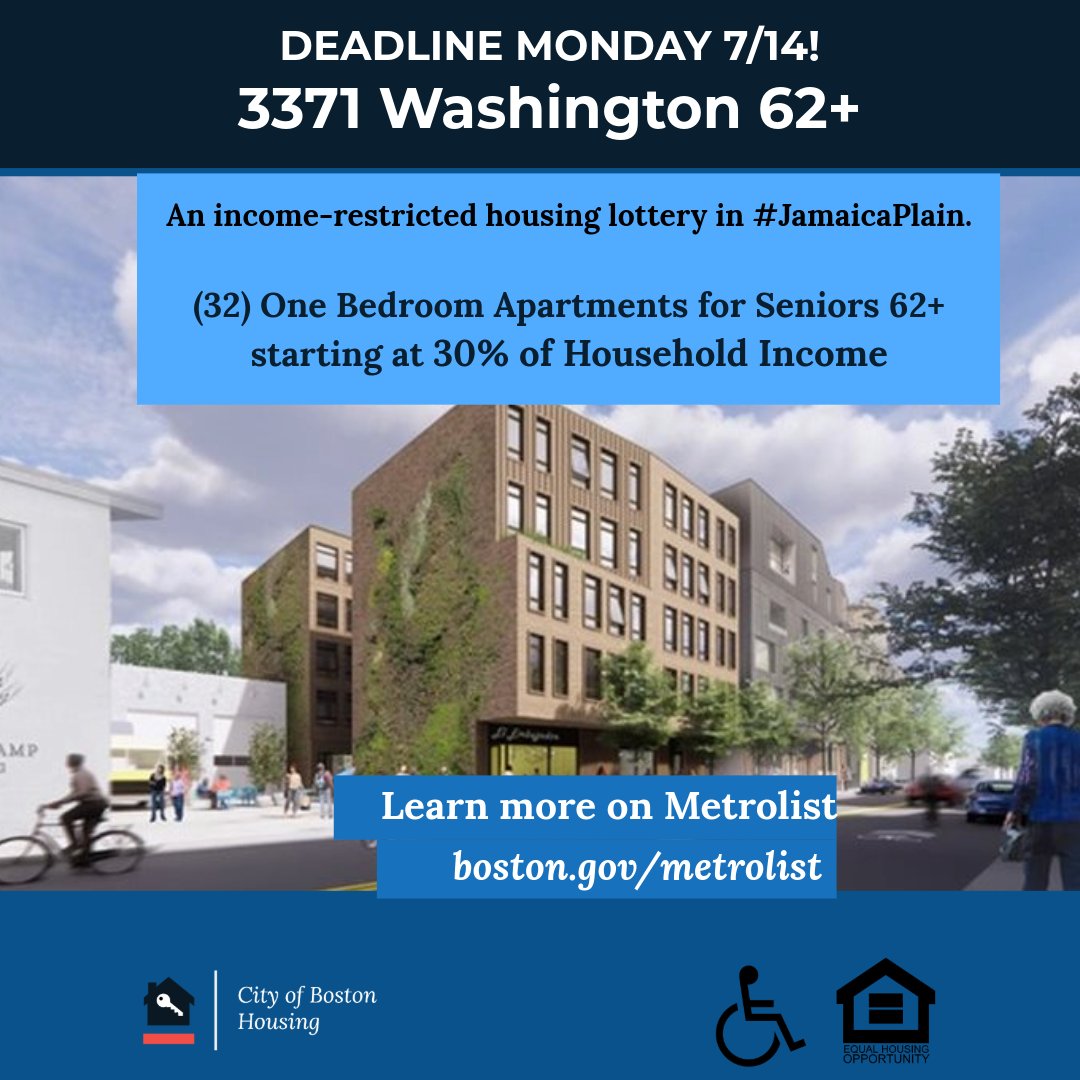 BostonNeighbor's tweet image. The lottery deadline is fast approaching for 3371 Washington Street, a brand-new affordable development for residents 62 and older in #JamaicaPlain. The new building has 32 beautiful one-bedroom apartments. Learn more and apply by July 14th here: ow.ly/LQ4z50WlY7S