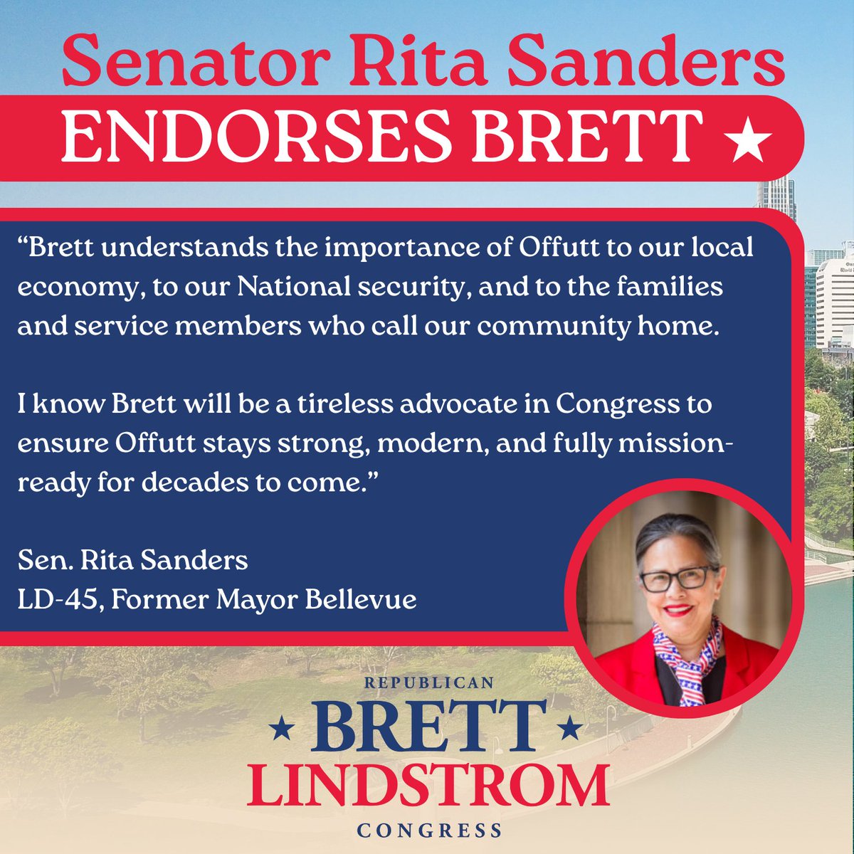 brettlindstrom's tweet image. Proud to have the endorsement of Senator Rita Sanders. She’s a champion for Offutt and knows what it takes to win. I’m honored to have her on our team.