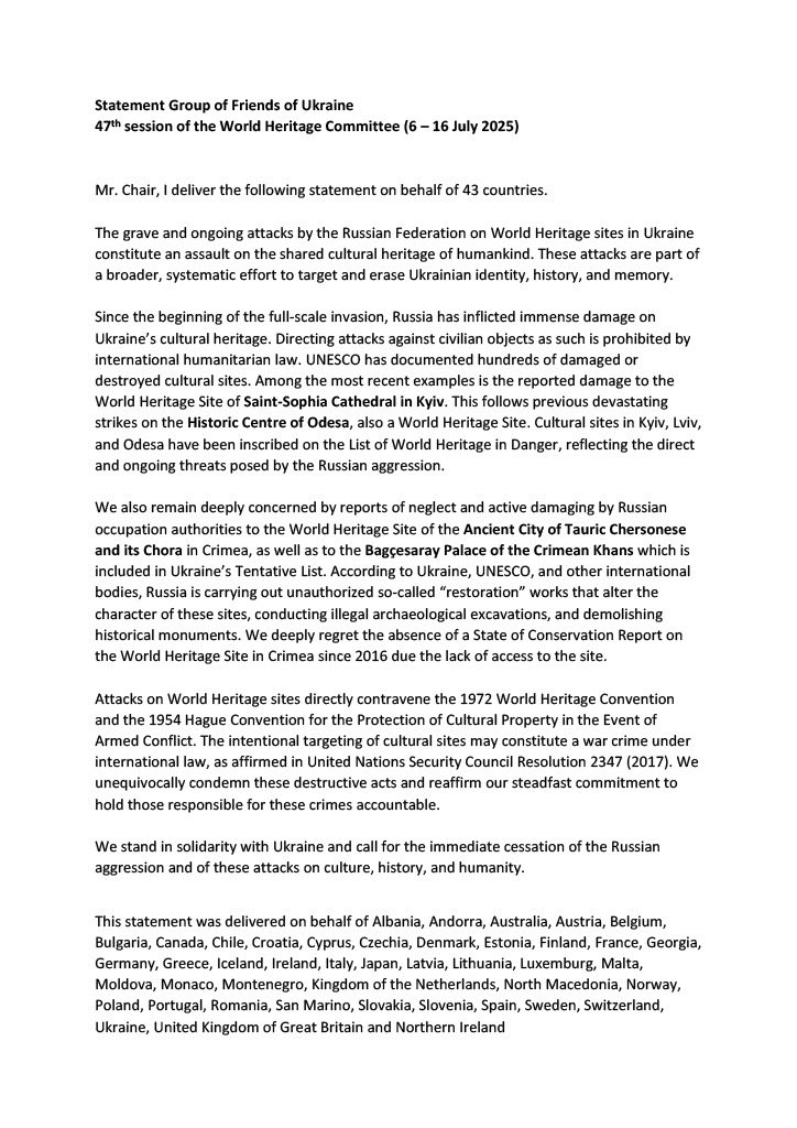 At UNESCO 47th @WHC 43 Member States including 🇨🇿 stood in solidarity with 🇺🇦 and called for the immediate cessation of the Russian aggression and of its attacks on culture, history, and humanity.