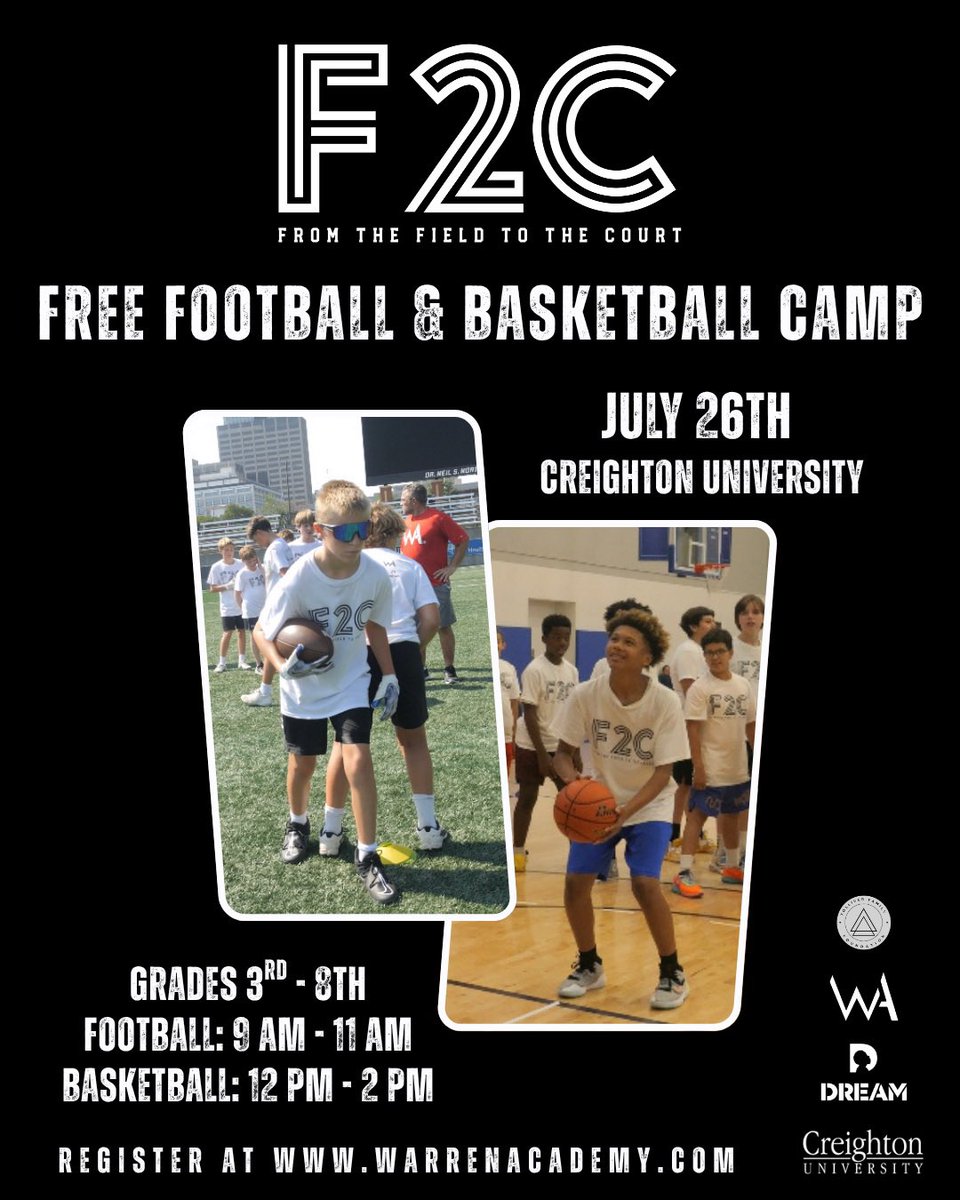 Steven J Warren (@steve_warren96) on Twitter photo Omaha, July 26. <a href="/FieldToTheCourt/">F2C</a> FREE Youth Football and Basketball camp for 3-8th graders. Hosted by <a href="/ATolliver44/">Anthony Tolliver</a> Foundation and <a href="/Warren_Academy/">Warren Academy</a>.
Sign up at warrenacademy.com! Omaha, July 26. <a href="/FieldToTheCourt/">F2C</a> FREE Youth Football and Basketball camp for 3-8th graders. Hosted by <a href="/ATolliver44/">Anthony Tolliver</a> Foundation and <a href="/Warren_Academy/">Warren Academy</a>.
Sign up at warrenacademy.com!