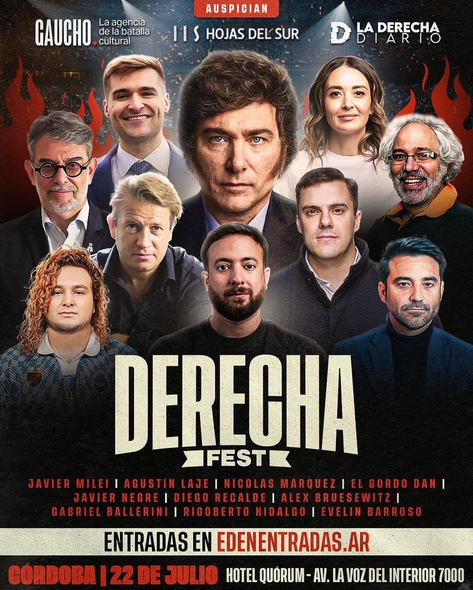 Llega el DERECHA FEST el 22 de julio a CÓRDOBA. El evento más anti zurdo y anti kuka del mundo. Con la participación especial del Presidente de la Nación <a href="/JMilei/">Javier Milei</a> y los principales expositores de la batalla cultural. Imperdible!!

ADQUIRÍ TU ENTRADA EN :
edenentradas.ar