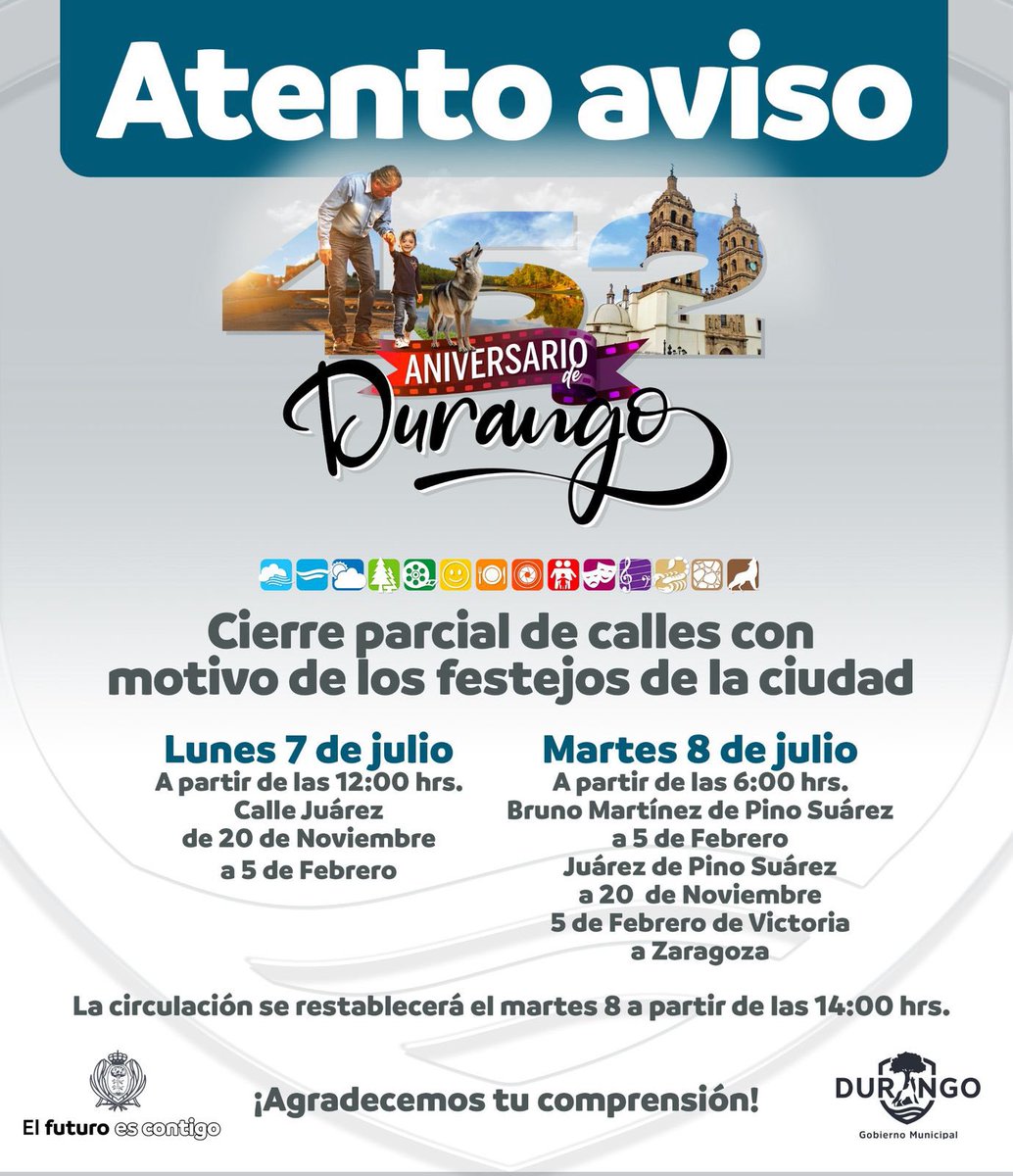 🚧 ¡Atención, duranguenses!
Con motivo de los actos cívicos por el 462 aniversario de la ciudad, algunas calles cercanas al Centro Histórico permanecerán cerradas.

📍Toma tus precauciones y planea tus rutas con anticipación.

#Durango462 #Tránsito #AniversarioDurango #Noti12