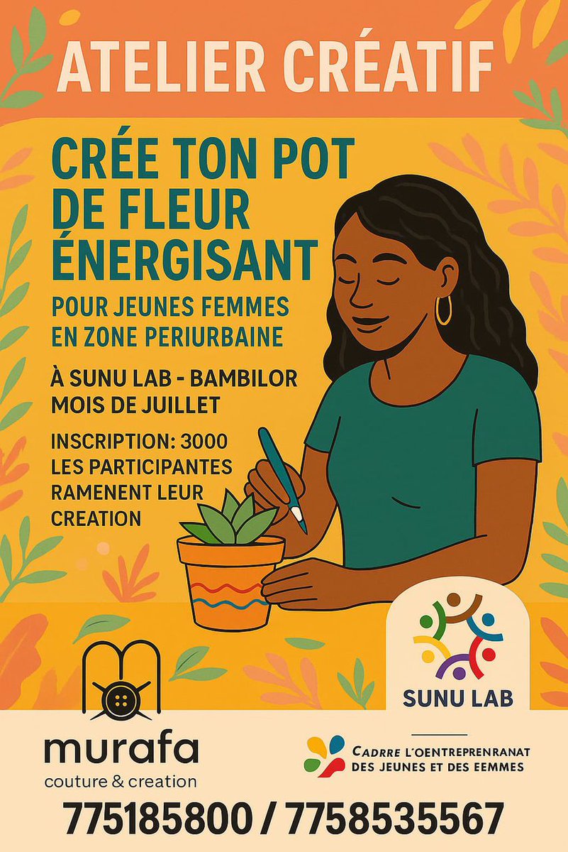 sunuLAB1's tweet image. Envie de laisser libre cours à ta créativité ? Viens à l'atelier « Crée ton pot de fleur énergisant » à Sunu’Lab à Bambilor tout juillet. Pour 3000 FCFA, repars avec ta création ! Inscris-toi vite au 77 518 58 00 ou 77 585 35 67. Ne manque pas ta chance !