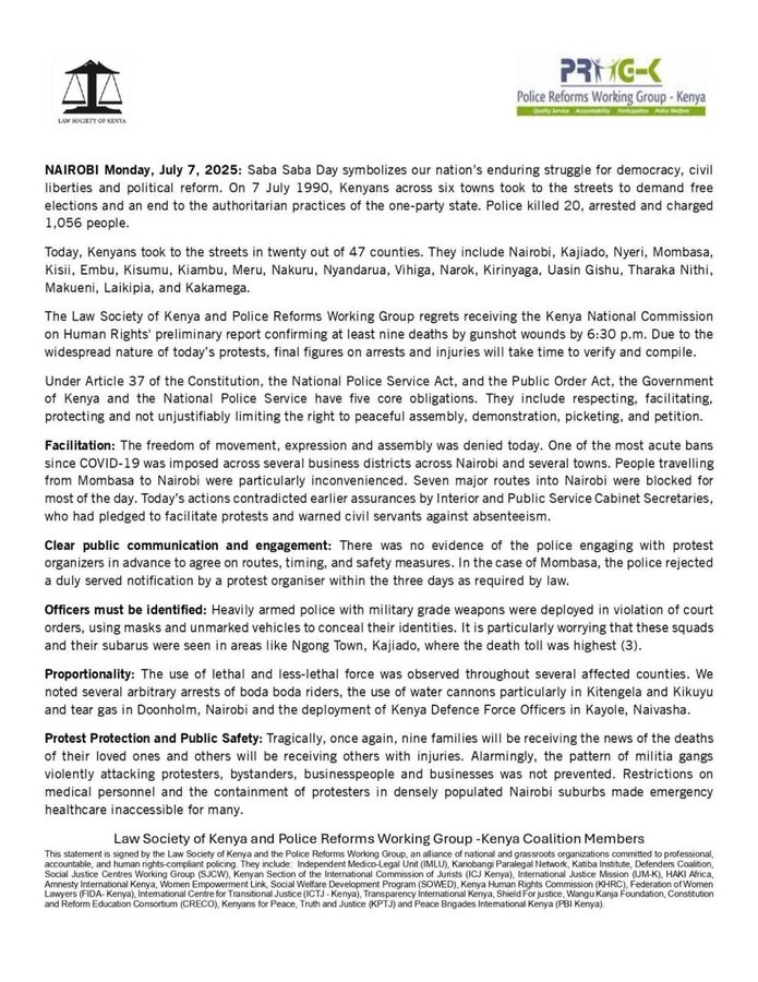 IMLU_org's tweet image. Joint statement from @ReformsGroup and @LawSocietyofKe. By 6:30 p.m. today, at least nine people had been confirmed dead from gunshot wounds sustained during the #SabaSaba2025 protests witnessed in 20 counties. #FreeToProtest