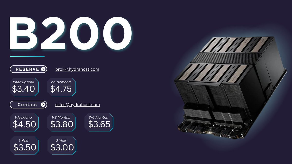 get_hydrahost's tweet image. The only place on Earth to get B200 bare metal as interruptible compute?

➡️  Hydra Host.

We’re the first and only company offering NVIDIA B200s on bare metal with interruptible pricing at just $3.40 per card-hour. No cloud wrappers. No inflated costs. Just raw performance, when…