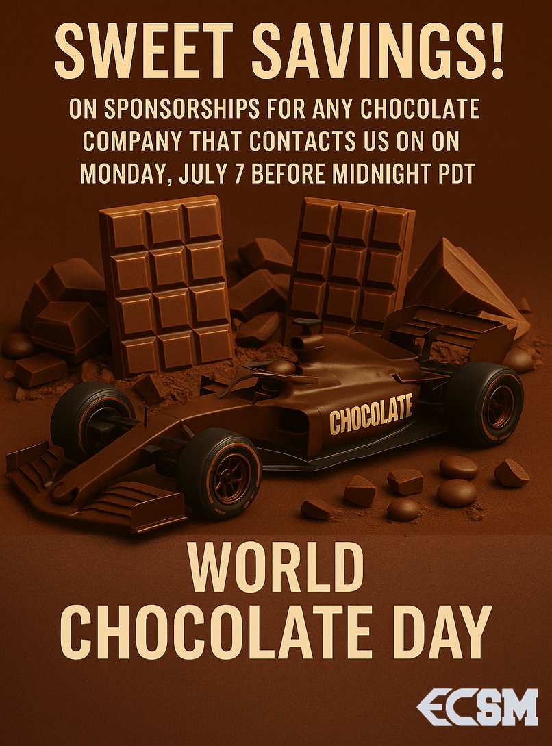 🍫🏁Sweeten your brand on World Chocolate Day! We’re offering a one-day sponsorship sale for chocolate companies—contact ECSM before midnight PDT on Mon July 7 to claim your spot on the grid!

#WorldChocolateDay #RacingLife #ChocolateLovers #MotorsportMarketing #SweetsAndSpeed