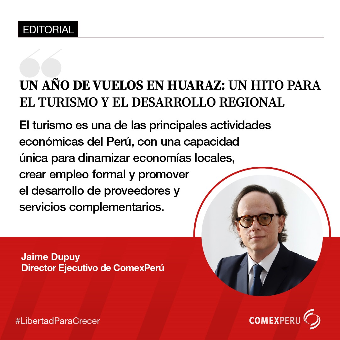 ✈️ ⛰️ #EditorialComexPerú |  El aniversario del reinicio de vuelos en el aeropuerto de Anta, cerca de Huaraz, marca un hito para el desarrollo regional. En solo un año, el impacto fue claro: 40,000 nuevos visitantes, S/ 34 millones adicionales al PBI regional y 1,000 empleos