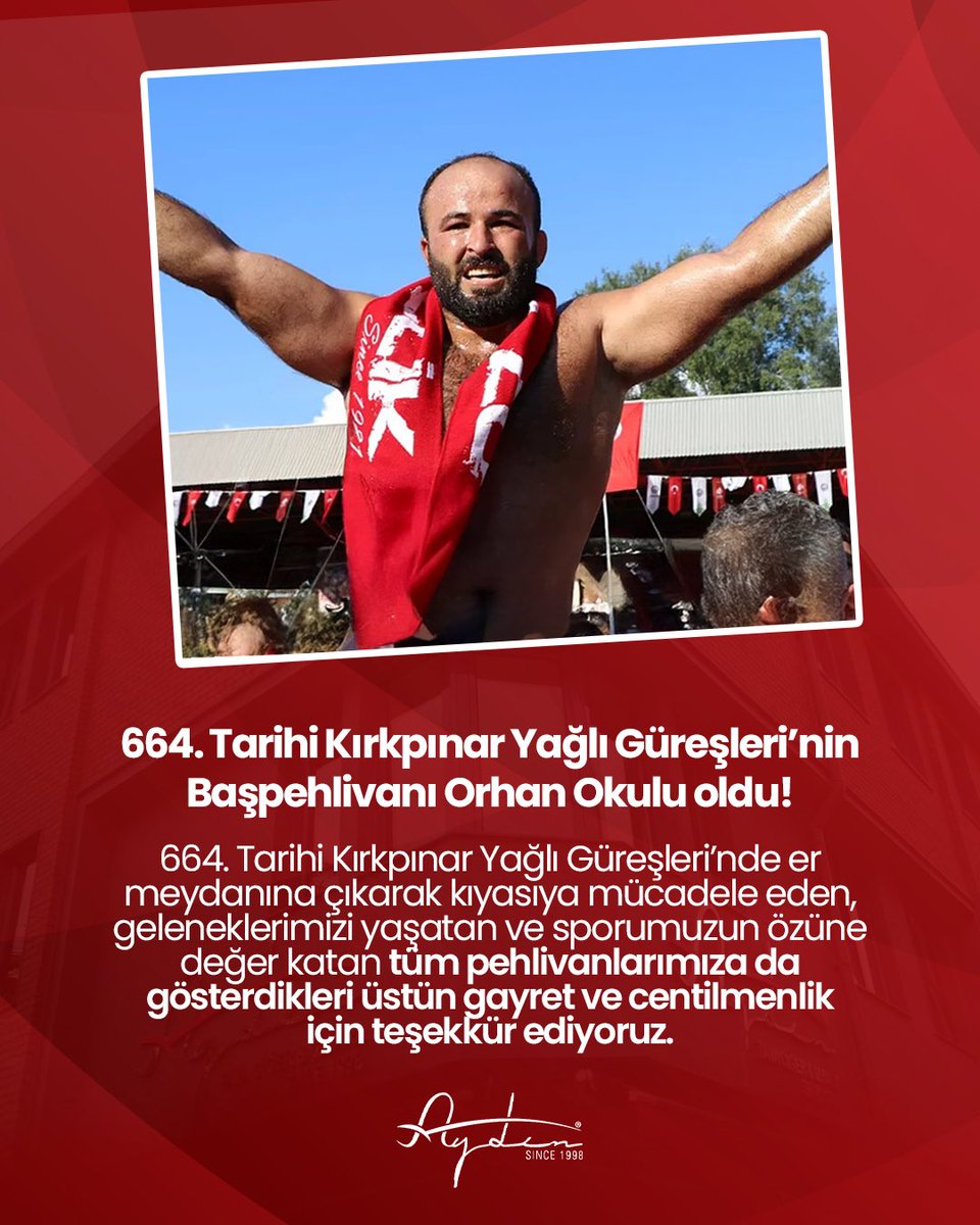 🏆 Tebrikler Başpehlivan Orhan Okulu!
Er meydanına çıkan tüm pehlivanlarımızın emeklerine sağlık. 

#Kırkpınar #Başpehlivan #AydınTavaCiğer