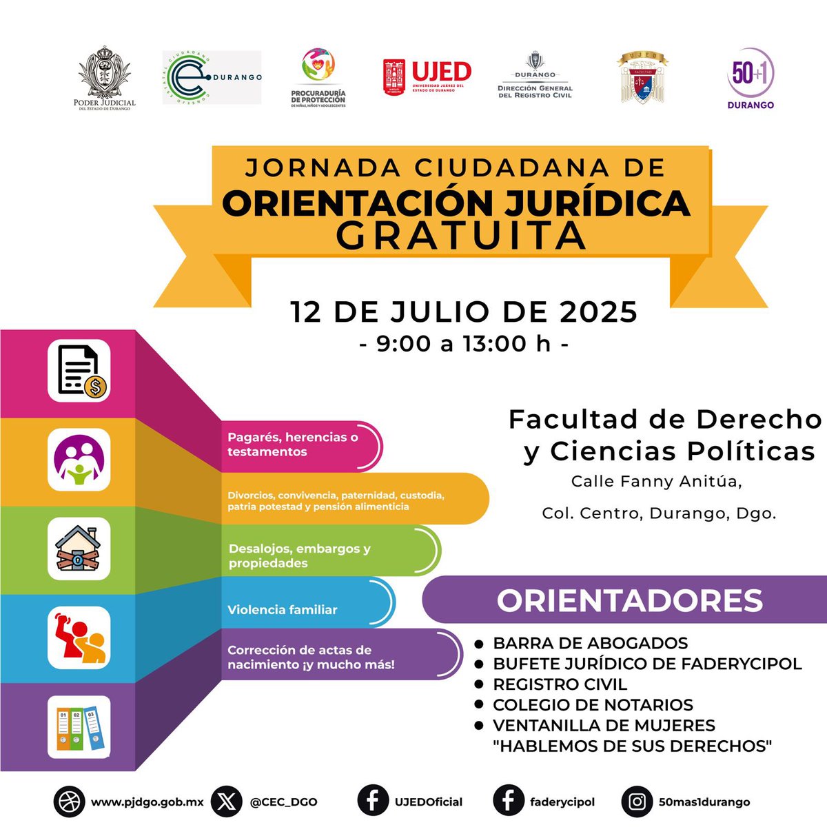 8a. Jornada de orientación jurídica gratuita… ⚖️🔈🔈🔈🔈🔈⚖️

<a href="/UJED_Oficial/">Universidad Juárez del Estado de Durango</a> 
<a href="/CEC_Durango/">Consejo Ciudadano</a> 
<a href="/50mas1Durango/">50+1 Durango</a> 

#FaderyCipolUjed
#JusticiaAbierta 

#PJDGO, ¡Un Poder Judicial abierto!
